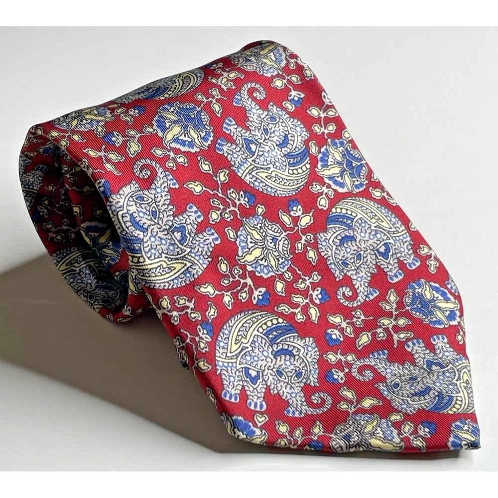Liberty of London Asian Elephants Red Blue All Silk Mens Neck Tie 58" x 3.75 USA